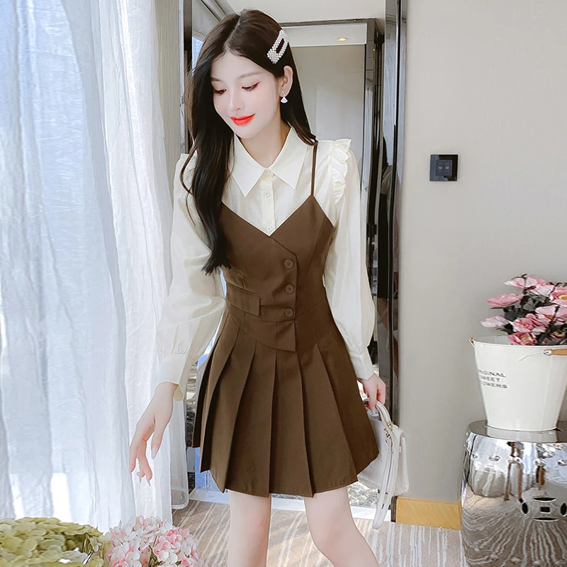 【潘潘】长袖连衣裙新款小个子时尚气质百褶学院风减龄短裙9313