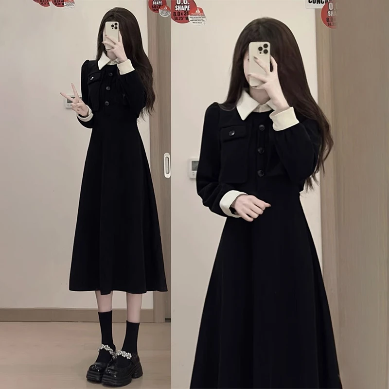 【筱安】法式气质显瘦口袋假两件黑色长袖连衣裙小个子复古新款6093