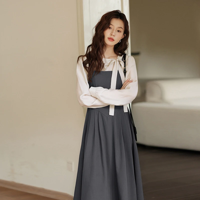 衬衫吊带裙假两件衣裙女春季新款法式裙子长裙6502