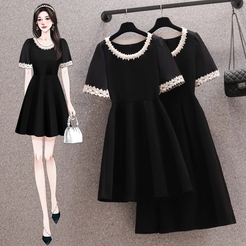法式赫本风短袖连衣裙夏大码胖mm收腰高级感小黑裙子6845