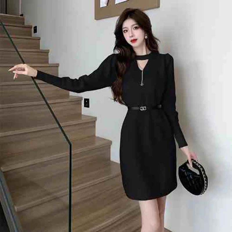 法式气质镂空连衣裙女秋新款修身显瘦打底内搭毛衣裙2201