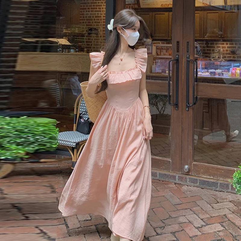 GY【有内衬】荷叶边方领吊带连衣裙女夏气质甜美长裙6809