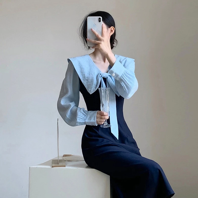 法式小众系带减龄连衣裙撞色拼接收腰蓝色长袖显瘦通勤裙子6698