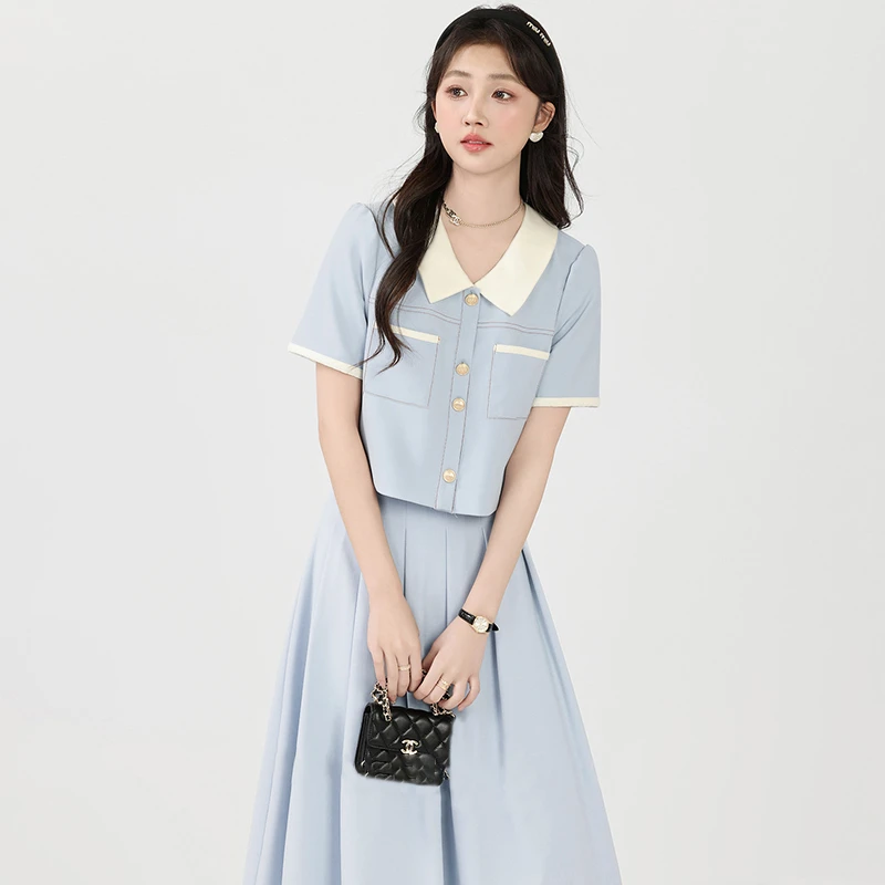 【GY】【大码】【两件套】衬衫上衣高腰半身裙小个子减龄两件套装B8319