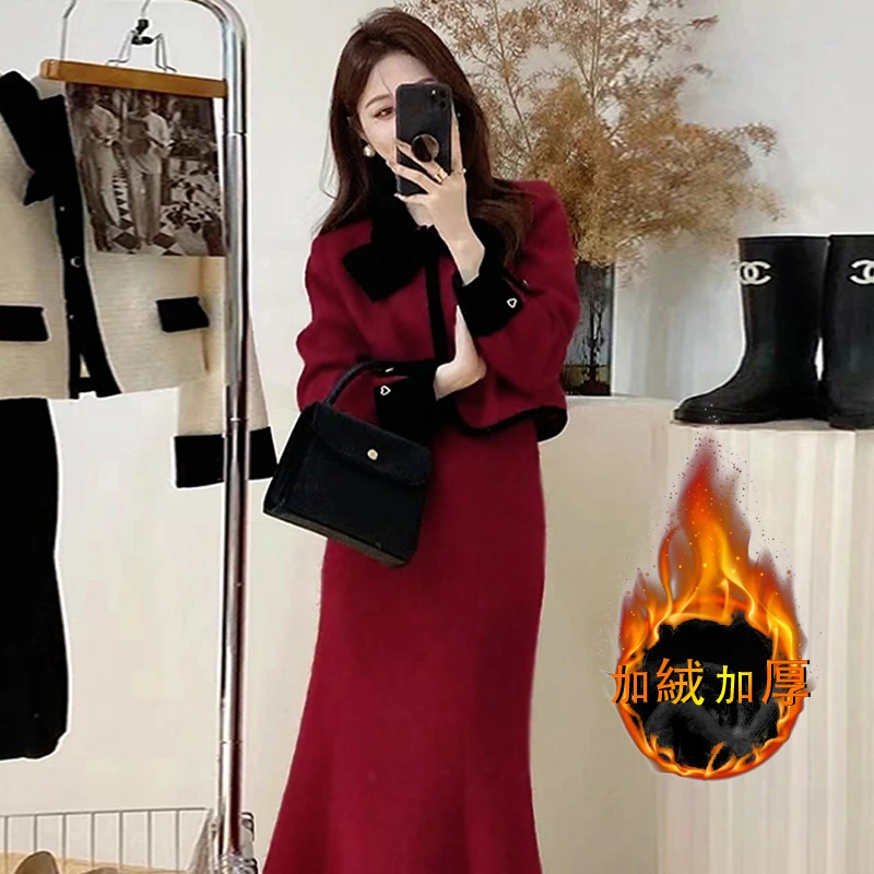 【加绒加厚】【两件套】法式红色小香风套装裙高级小洋装两件套6416