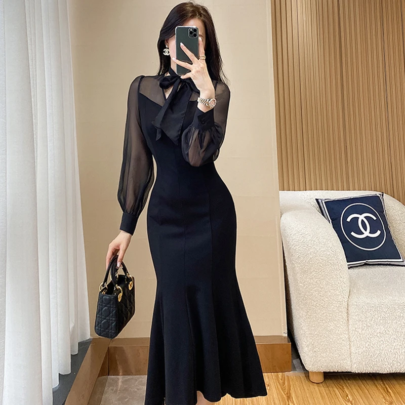 黑色气质女装连衣裙2025新款法式高级感宴会礼服长款鱼尾裙1921