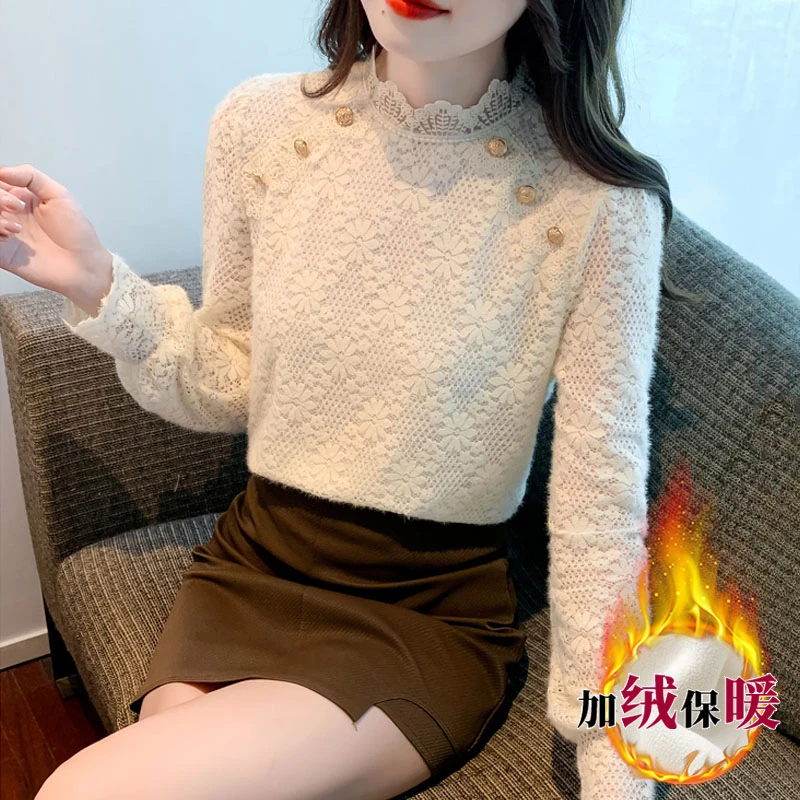 磨毛蕾丝半高领打底衫女秋冬修身洋气内搭花边领百搭上衣9154