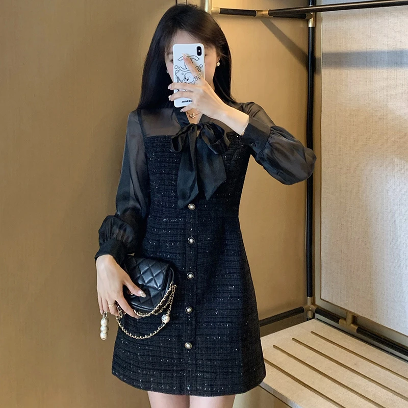 小香风黑色连衣裙长袖2025新女高级气质复古蝴蝶结收腰显瘦7464