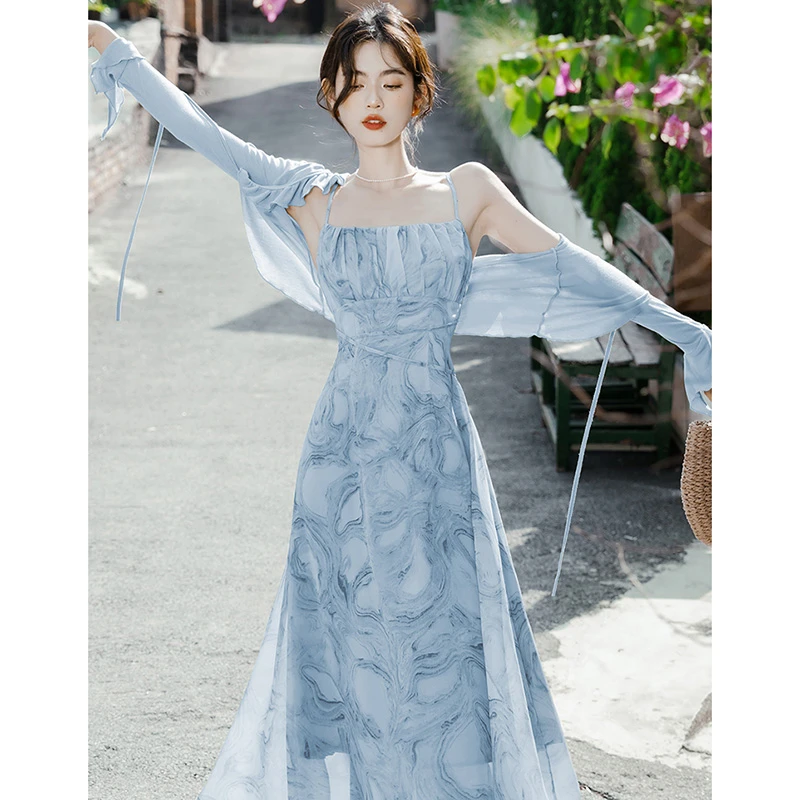 【两件套】【有里布】法式浅蓝方领吊带连衣裙超仙海边度假裙别致1468