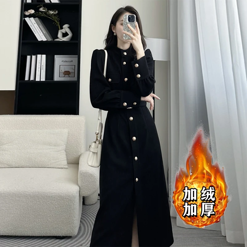 【常规/加绒】灯芯绒复古裙子女新款连衣裙黑色女7994