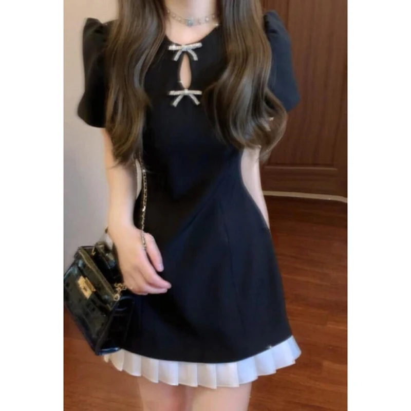 【GJ】法式小黑裙富家千金小香风泡泡袖蝴蝶结连衣裙小个子女1598