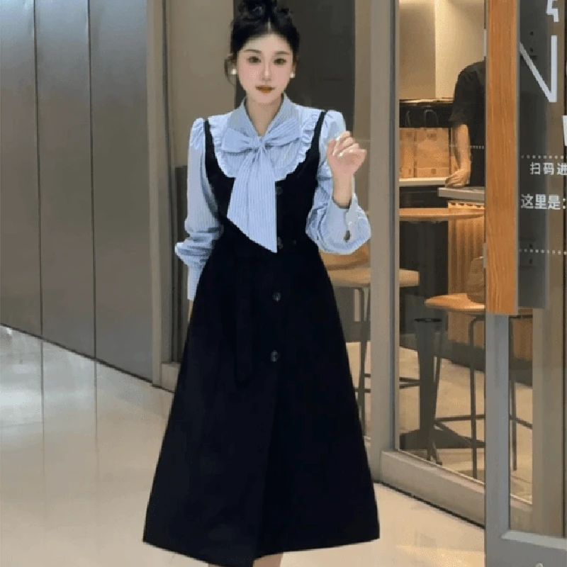 法式优雅气质连衣裙复古收腰假两件蝴蝶结拼接设计长袖裙子女2166