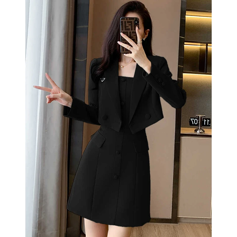 【阿鑫】【两件套】高级感气质女装秋黑色短款小西装两件套裙子2131