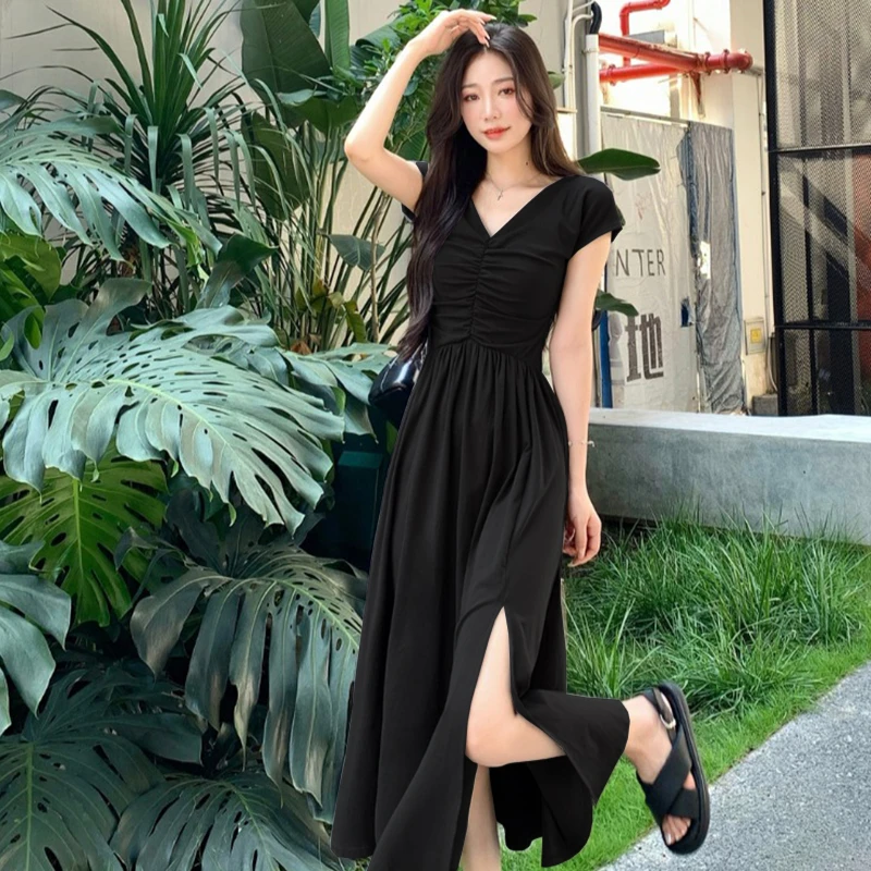 【秀秀】复古赫本风V领收腰连衣裙夏茶歇法式高级感开叉长裙1024