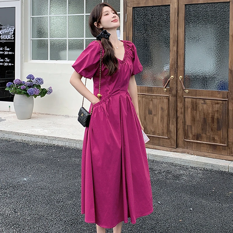 法式气质复古心形领泡泡袖显白长裙高腰显瘦度假小众连衣裙女6947