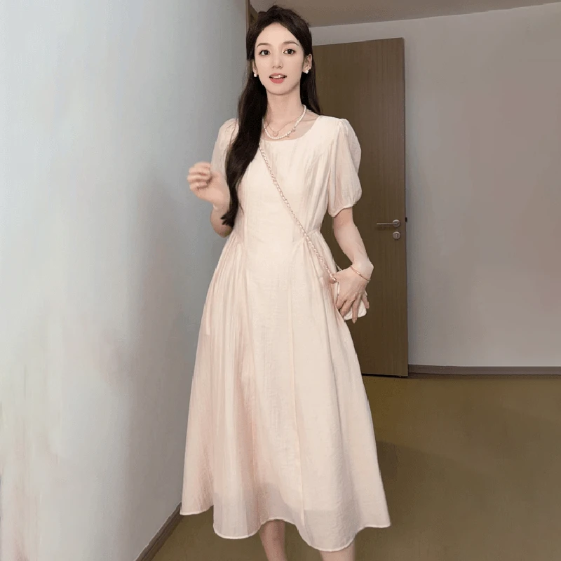 【有内衬】夏季2025新款极简风时尚收腰短袖女装复古显瘦连衣裙1546