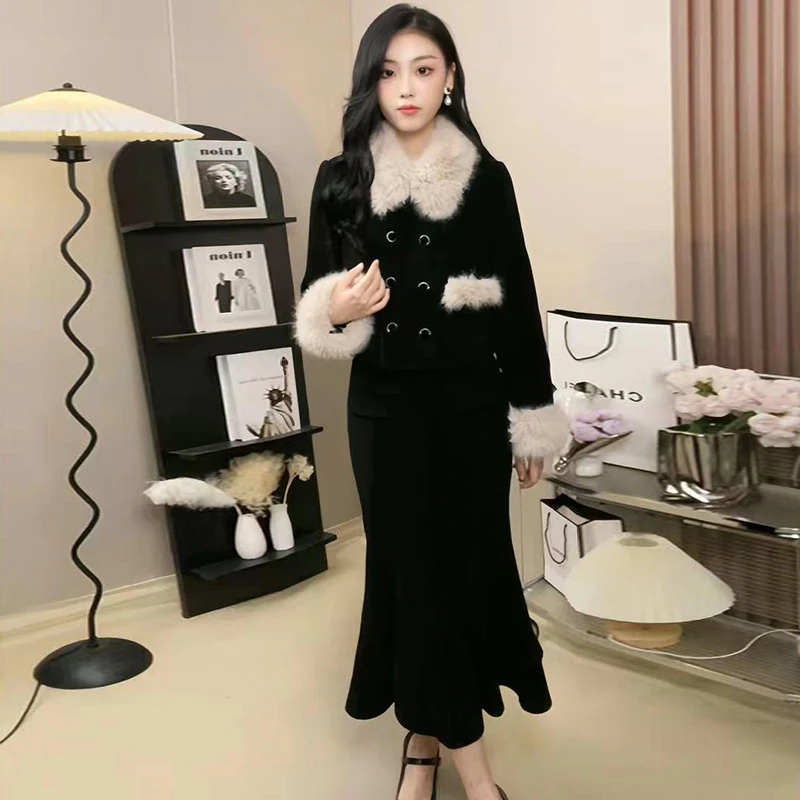 【两件套】小香风显瘦气质网红黑色轻奢长款套装6414