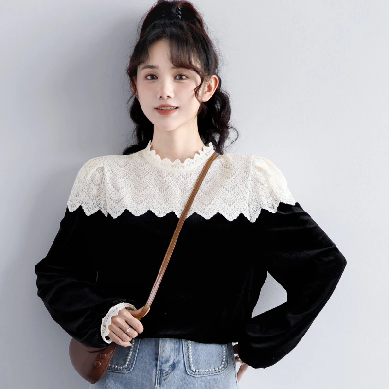 宝藏衣橱法式复古设计感蕾丝钩花拼接丝绒打底衫上衣百搭小衫9153