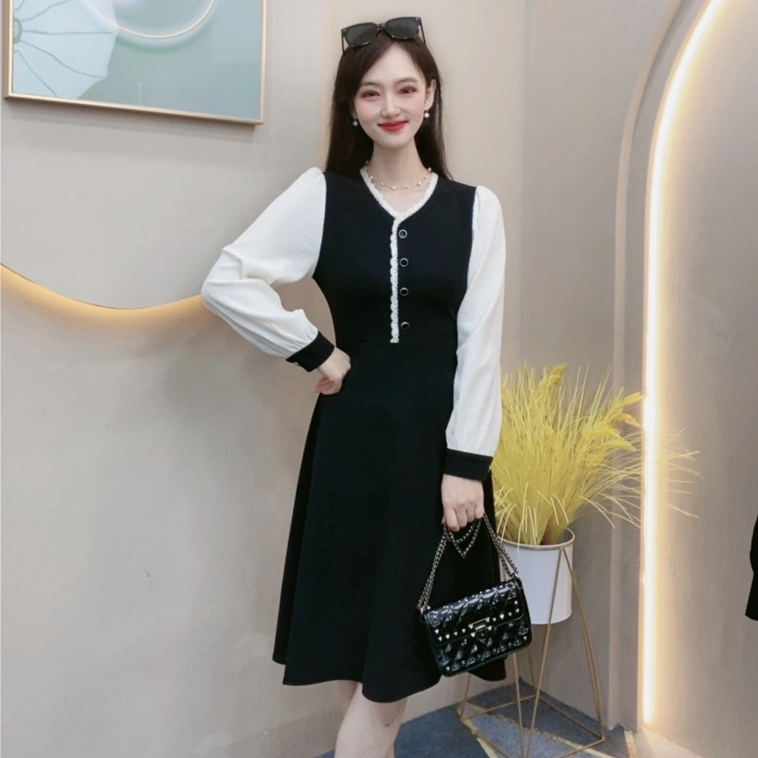 新款拼接长袖黑色连衣裙女2025年新款显瘦时尚气质假两件裙子7537