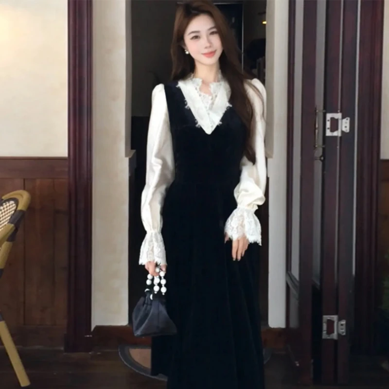 TW2024新秋季法式蕾丝拼接上衣丝绒百搭假两件显瘦女装连衣裙2315