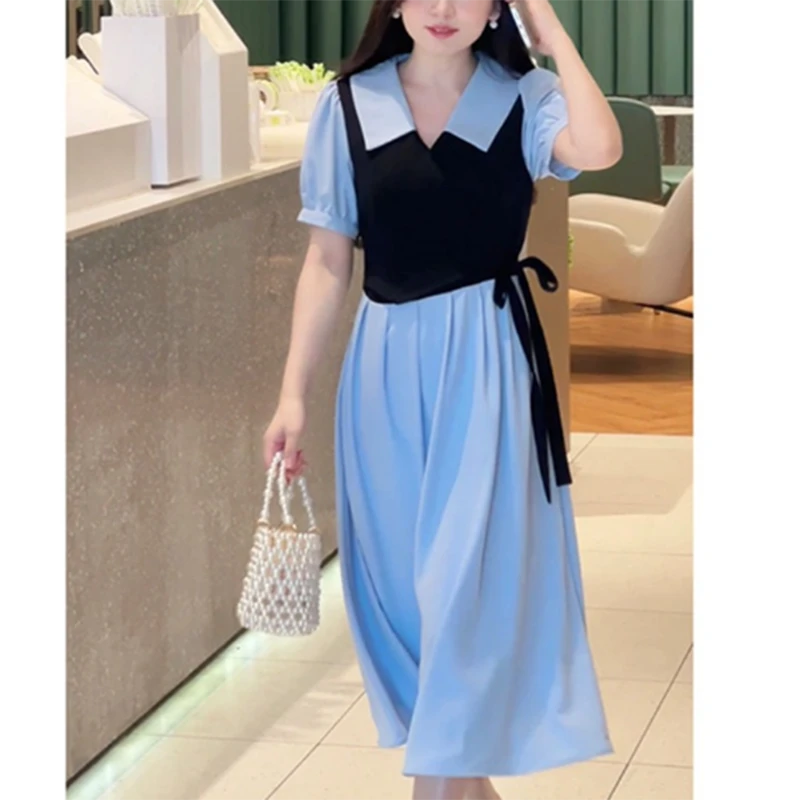 短款拼接连衣裙2025新款百搭撞色显瘦裙子时尚法式夏季收腰9650