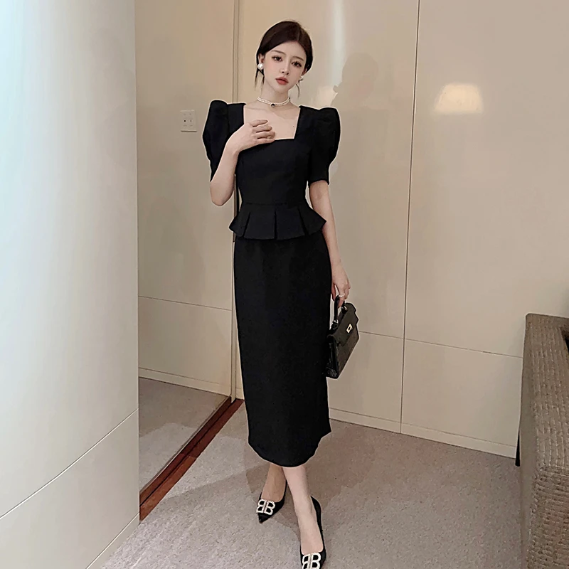 宝藏衣橱黑色连衣裙女2024气质赫本风假两件通勤长裙9616