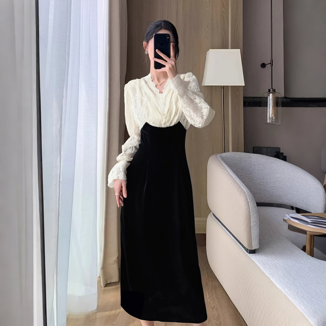 2025春秋新款名媛显瘦假两件裙子蕾丝拼接包臀女装时尚连衣裙2661