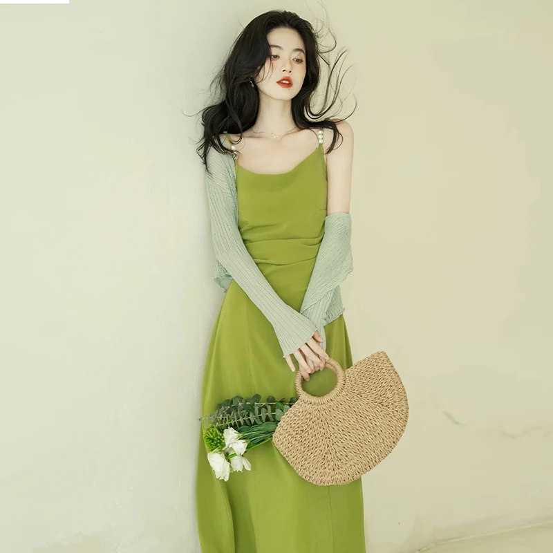 【甜甜】【四色】【两件套】法式收腰连衣裙2025春夏吊带针织开衫6904