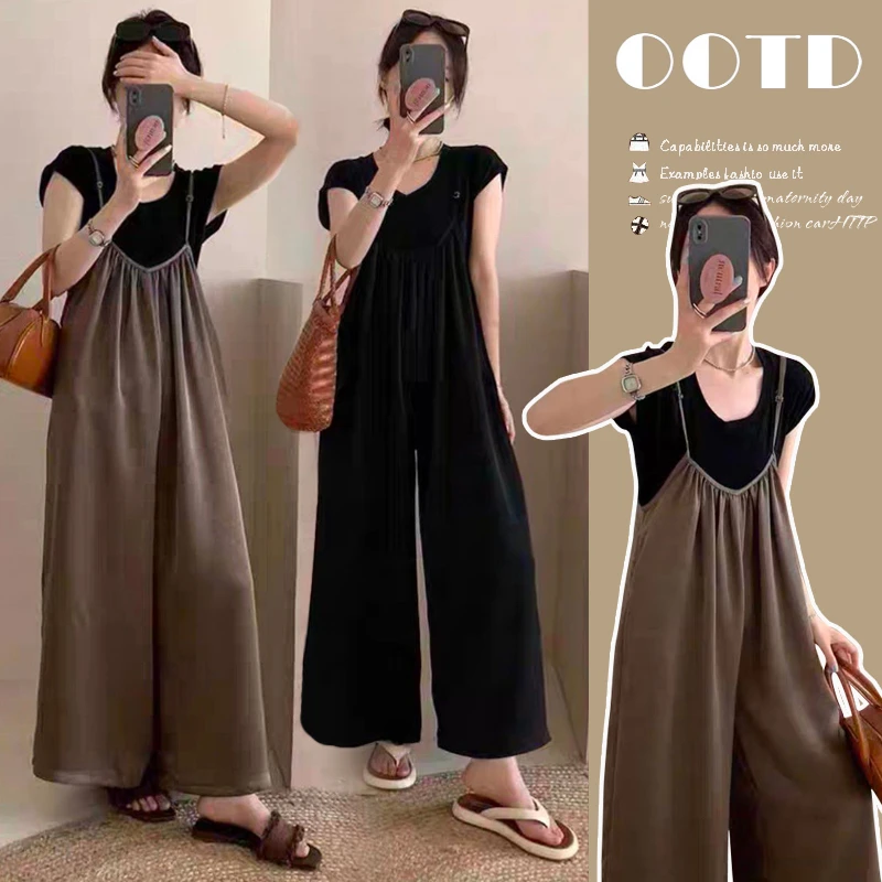 【玫瑰优选】孕妇装2024夏季吊带阔腿裤提花高级感阔腿背带裤上衣