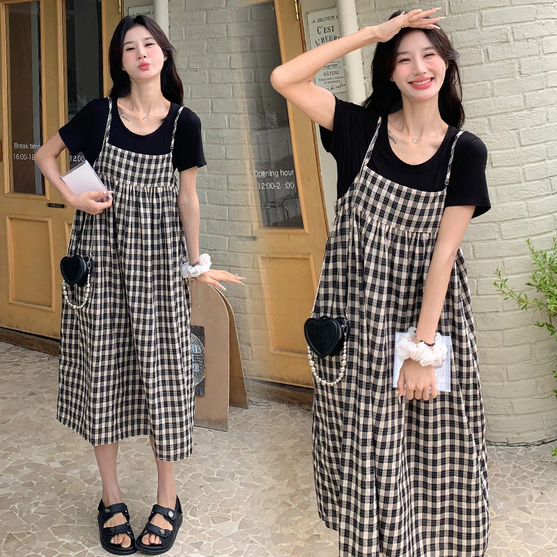 【玫瑰优选】孕妇装夏装吊带连衣裙显瘦黑白格纹吊带裙孕妇连衣裙