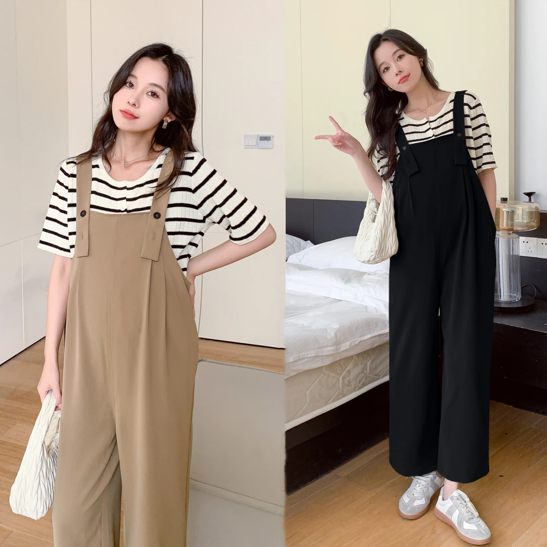 【玫瑰优选】孕妇秋夏气质时尚黑白内搭孕妇上衣口袋斜边孕妇背带裤