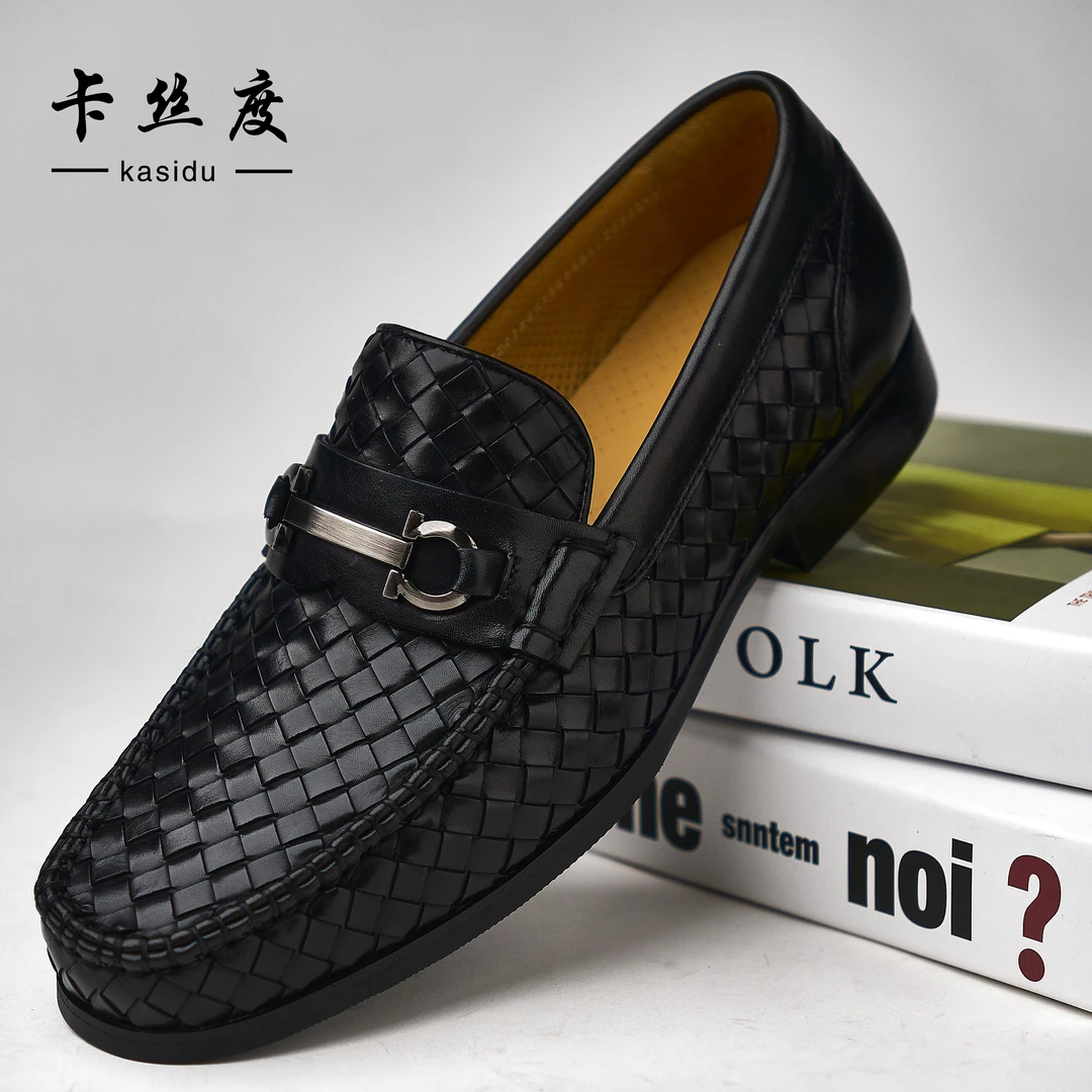 真皮夏季男手工编织舒适透气商务皮鞋红底时尚百搭休闲男乐福鞋