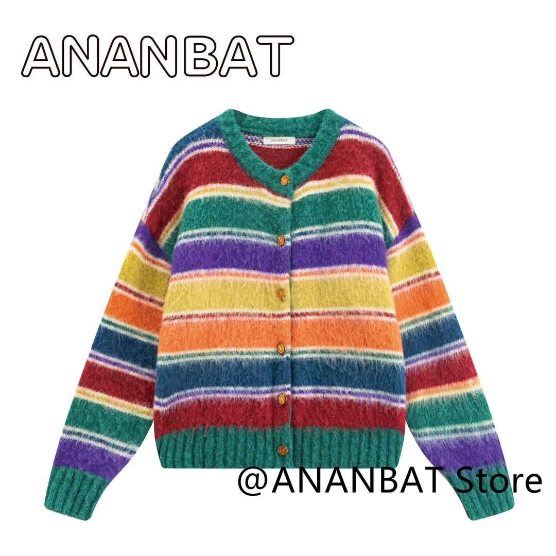 ANANBAT秋冬洋气彩虹马海毛拉毛工艺轻奢气质软糯针织韩版开衫