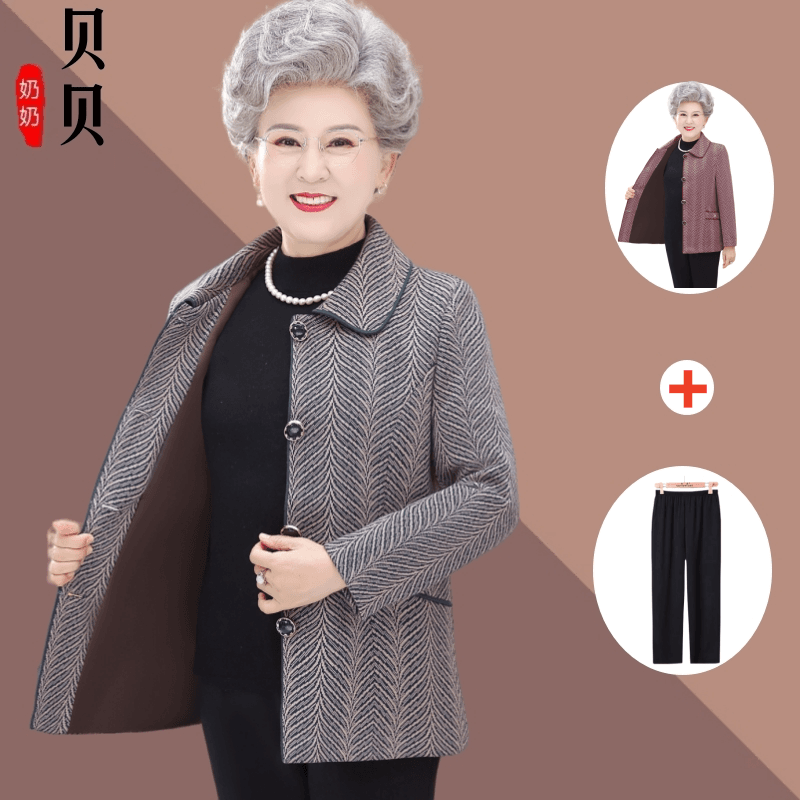 奶奶春装外套中老年人秋装女老妈妈衣服老人春秋新款上衣方领开衫