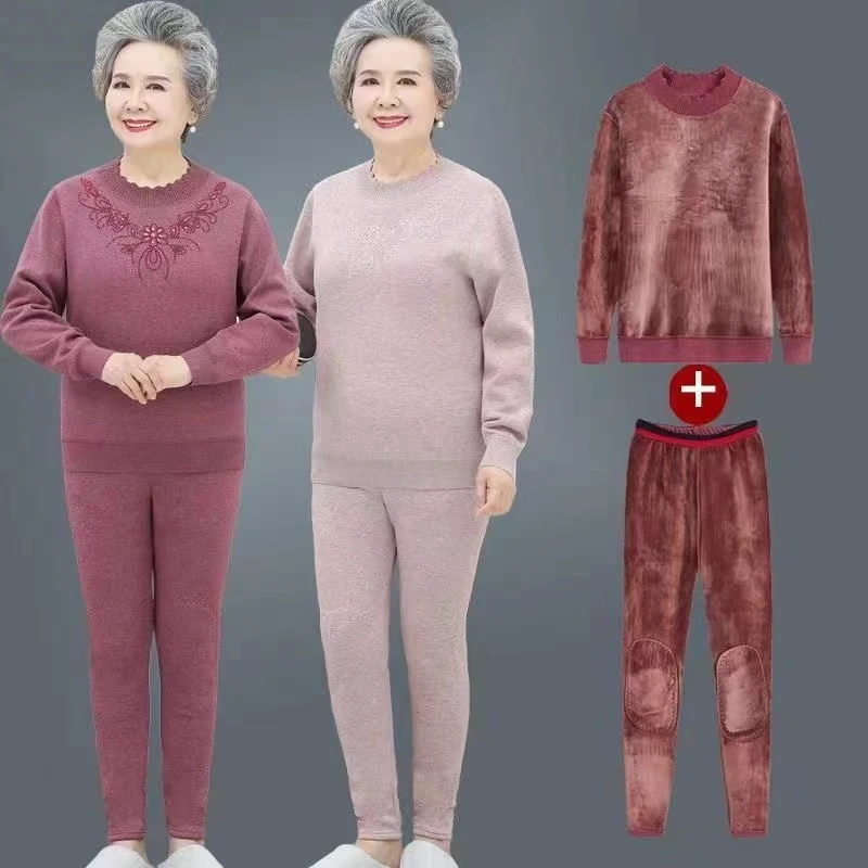 奶奶秋冬衣服加绒加厚老人两件套妈妈打底衫中老年保暖内衣套装女