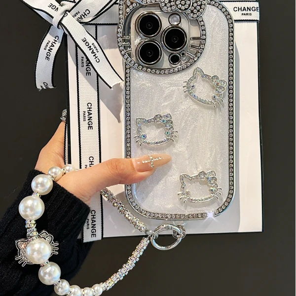 可爱KT猫电镀水钻适用苹果16pro max手机壳iphone15/14/13/12全包