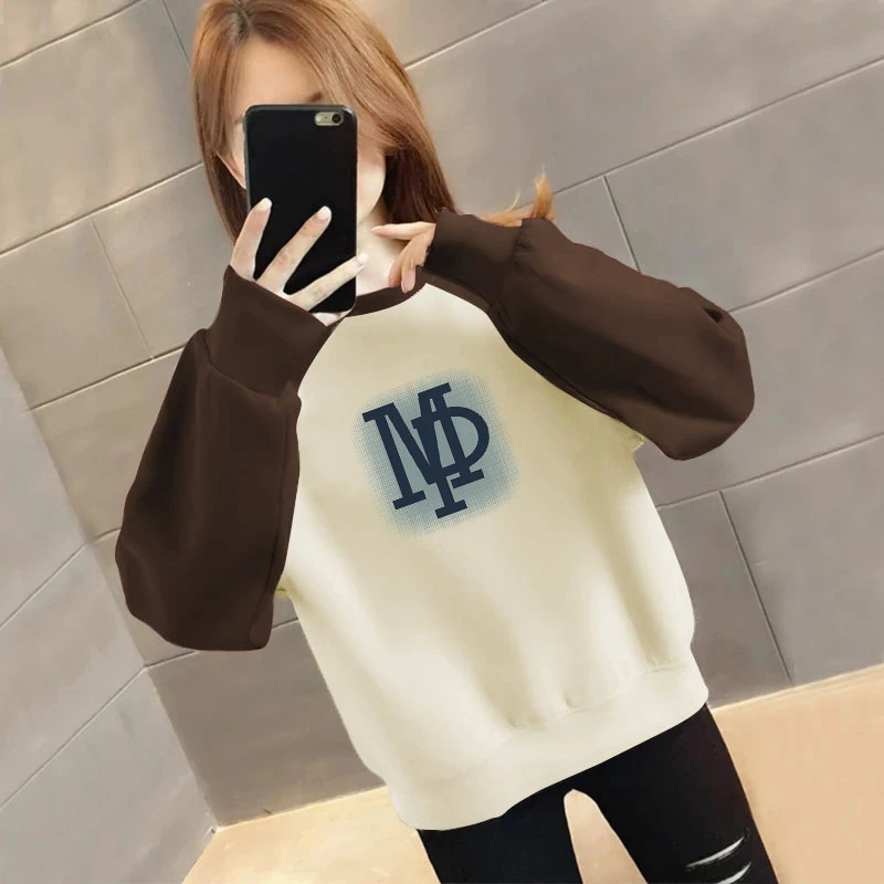 秋冬新款女装卫衣撞色插肩长袖大码遮肉显瘦百搭印花拼接外穿上衣