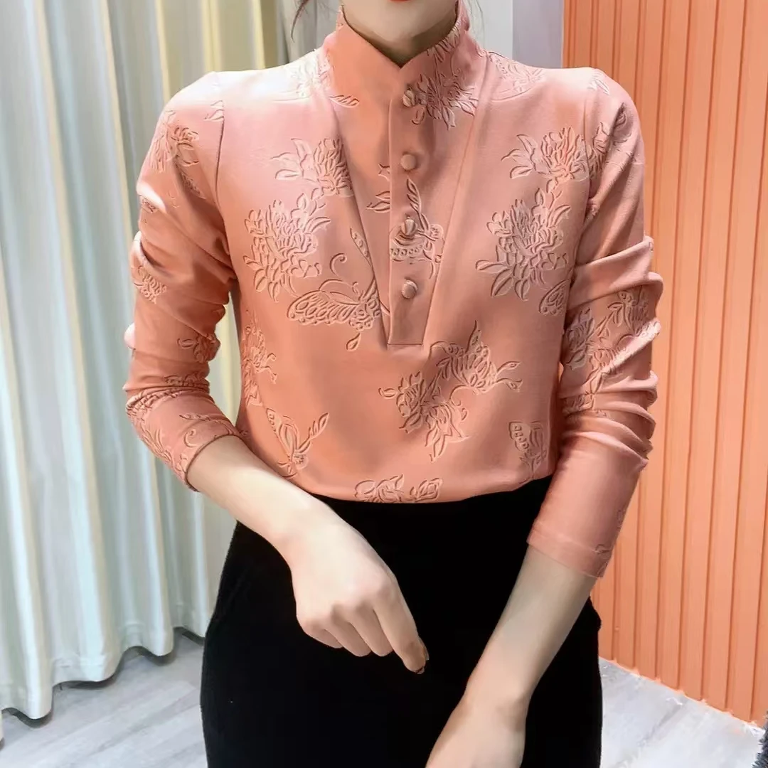 2024冬季新款立领立体印花气质百搭时尚长袖遮肉打底上衣【5136】