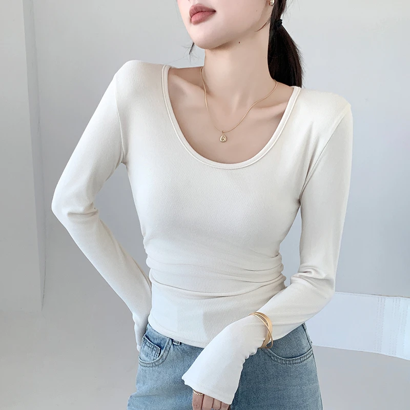 醉梓菡正肩圆领长袖t恤女早秋内搭2025新款修身侧边打皱打底上衣