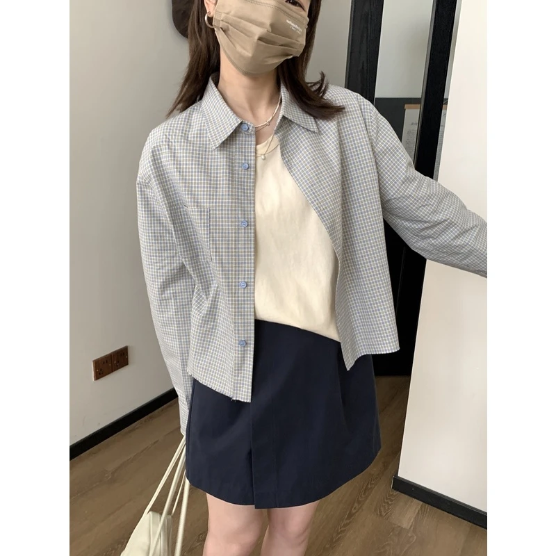 蓝色格子衬衫女夏季薄款外套防晒开衫翻领长袖衬衣小个子短款上衣