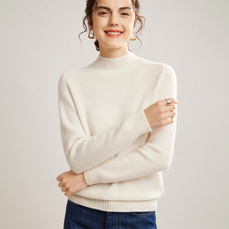 秋冬新款100%山羊绒衫女半高领加厚纯色针织百搭保暖长袖打底毛衣