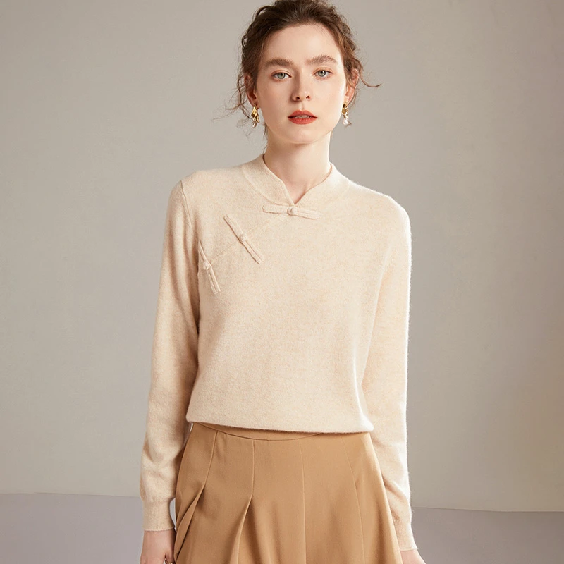 MC-206价已开 秋冬款羊绒衫女100%纯羊绒中式盘口毛衣打底针织衫