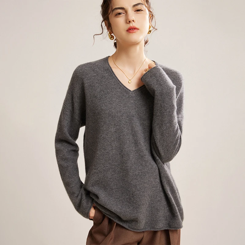 已开价，100%纯山羊绒气质V领套头宽松大码薄款女士毛衣打底针织衫