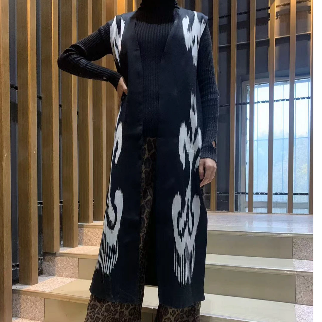 古丽赞和田艾德莱斯丝光棉材质新款时尚网红女士黑色民族风连衣裙