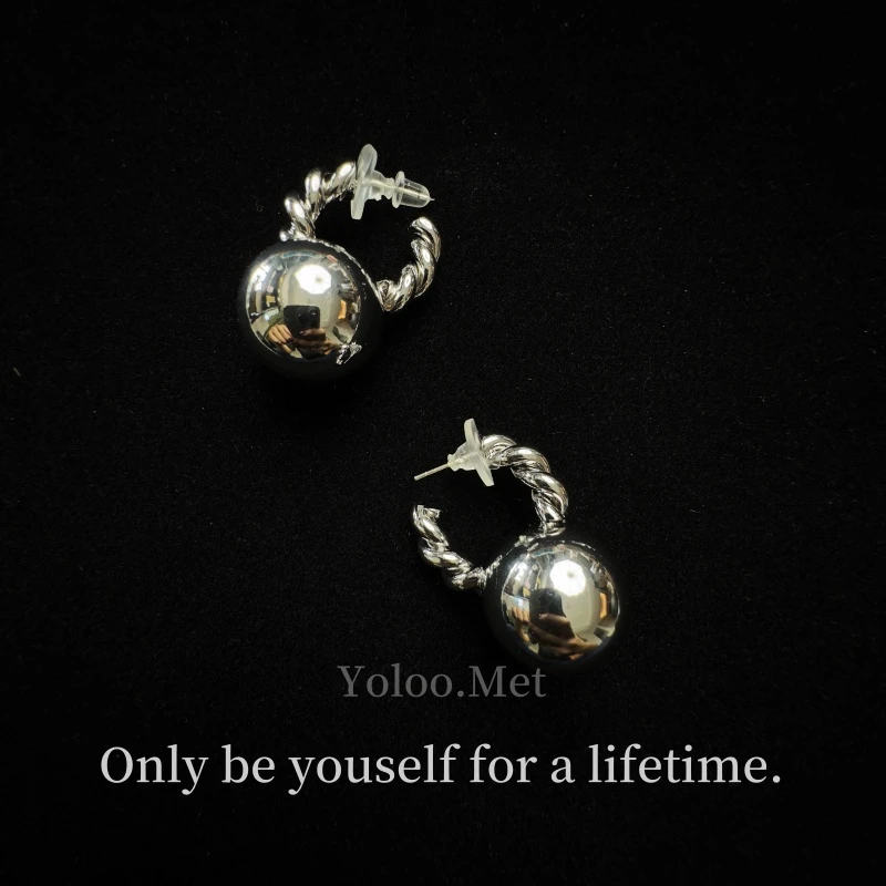 铜合金耳饰 【Yoloo.Met】小众个性麻花扭扭圆珠耳环