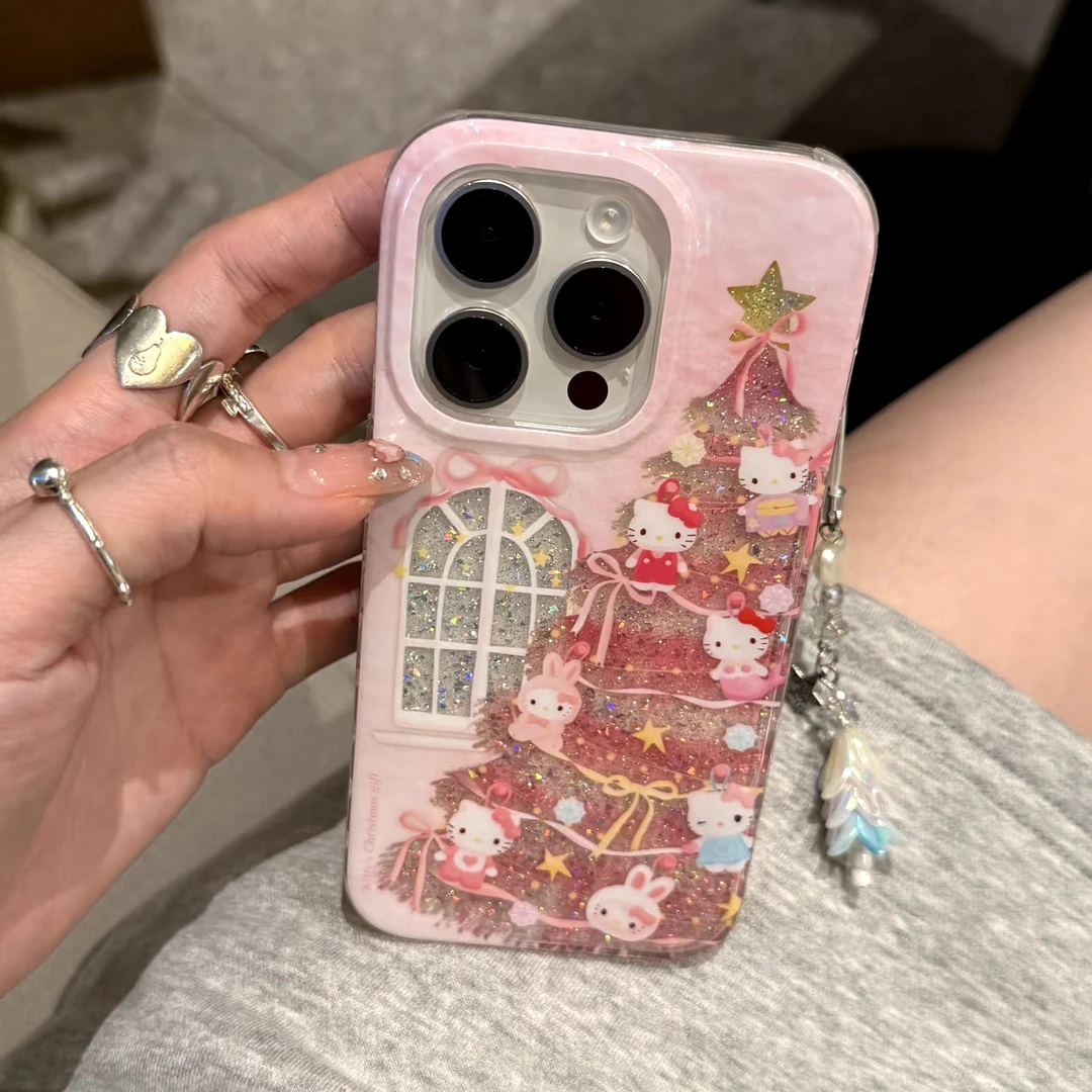 闪粉窗户kt猫咪圣诞树适用于iPhone16promax手机壳少女心15可爱14