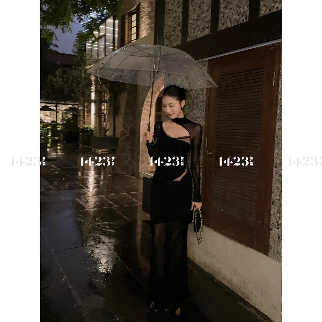 1423【暗影蔷薇】丝绒蕾丝拼接腰部垂坠感不对称连衣裙