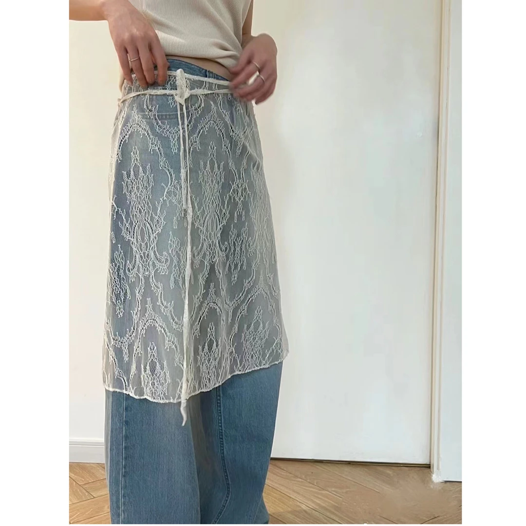 1423【海盐白纱】小众蕾丝系带罩群&浅蓝色直筒显瘦牛仔裤