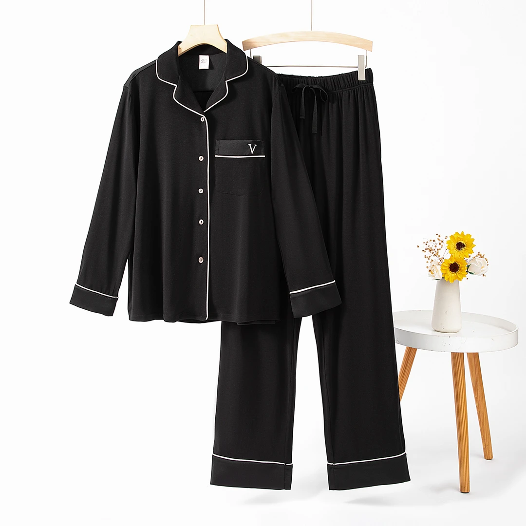 小V刺绣莫代尔睡衣长袖四季可穿高弹缎面拼接高级感家居服