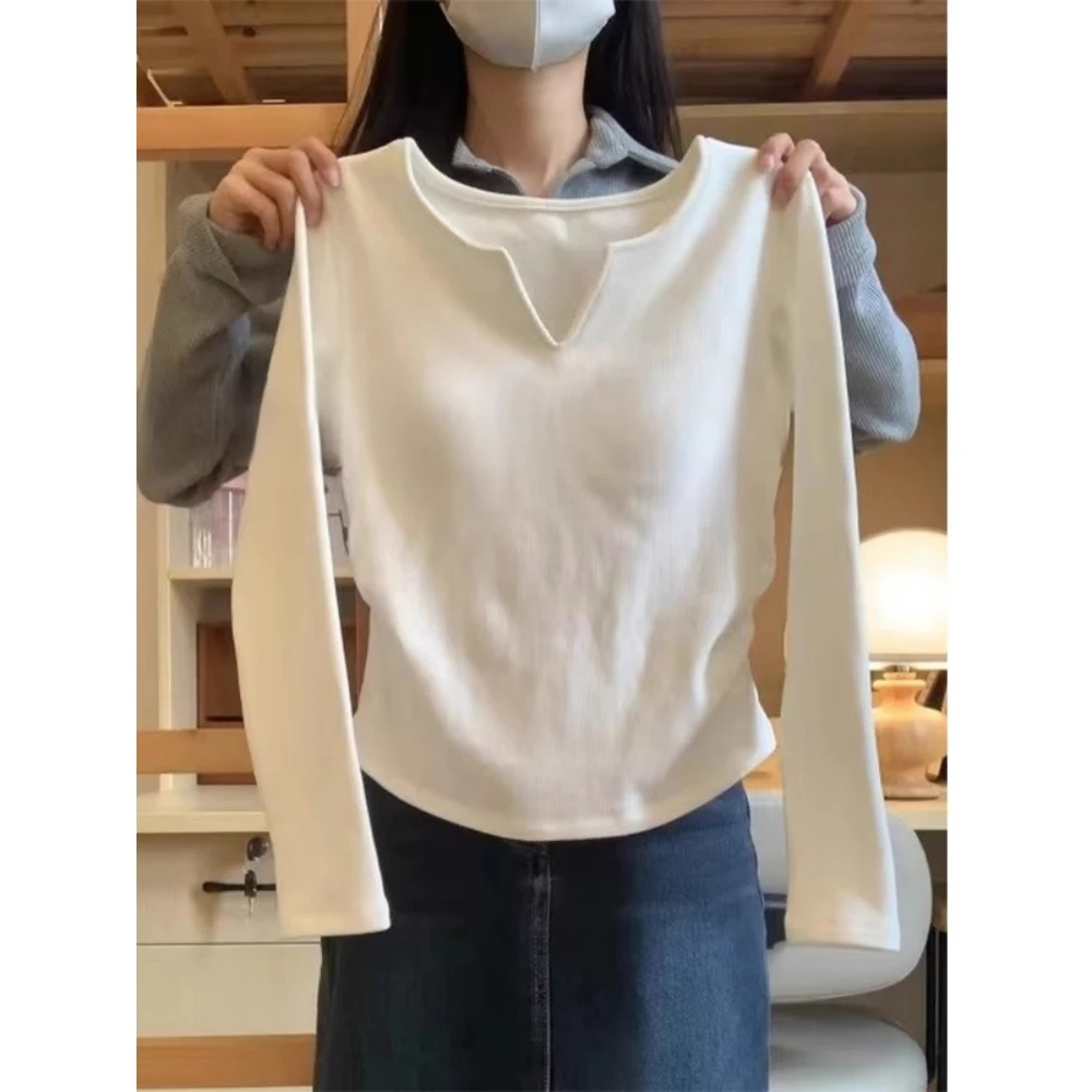 v领德绒扎染打底衫白色内搭女士上衣2025新款秋冬气质保暖长袖t恤
